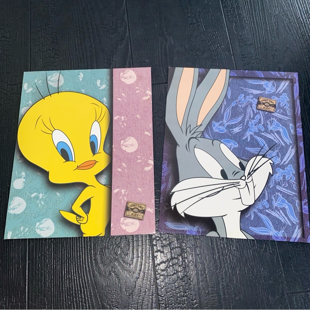 Vintage 1995  Looney Tunes Blues Tweety Bird Bugs Bunny Lot Of 2 Folders‎